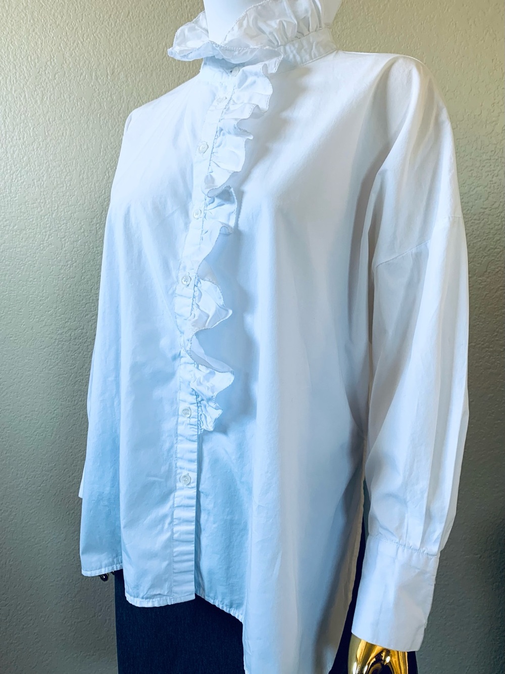 XS Zara White Ruffle Poplin button down shirt Blouse boxy high ruffle collar
